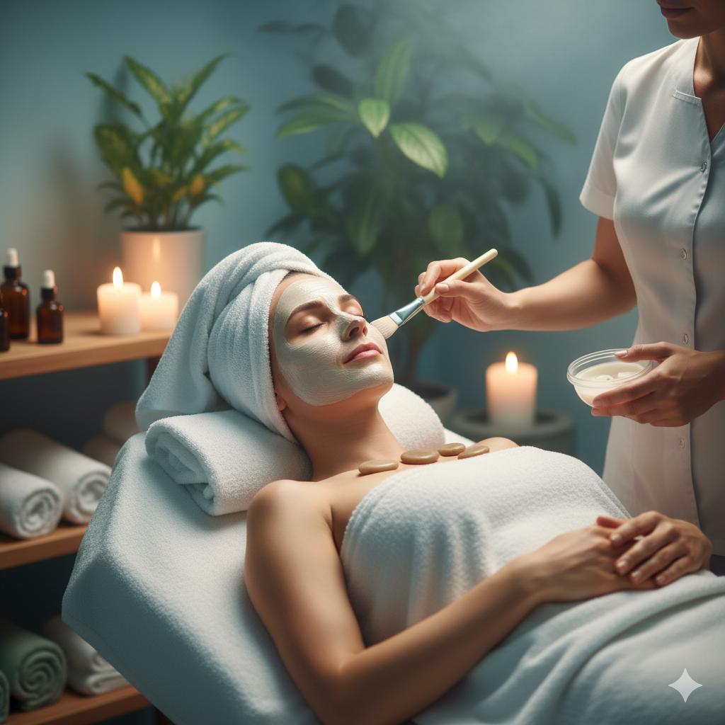 Woman enjoying a professional facial treatment in a luxury spa setting