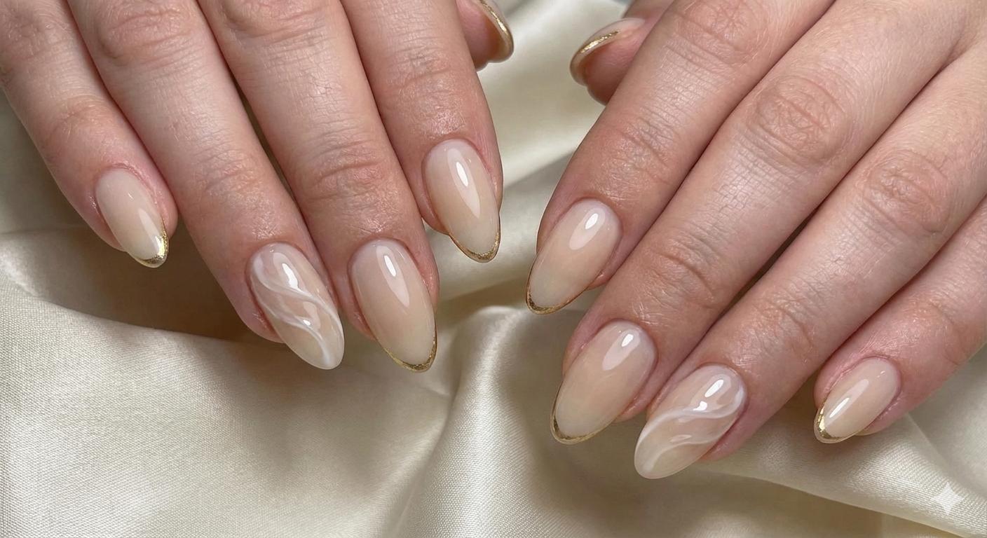Freshly manicured nails with gold-tipped polish resting on a towel