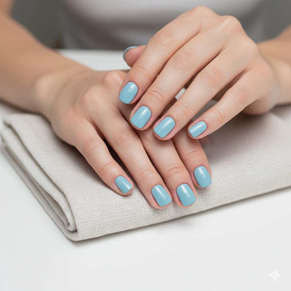 Freshly manicured nails with light blue polish resting on a towel