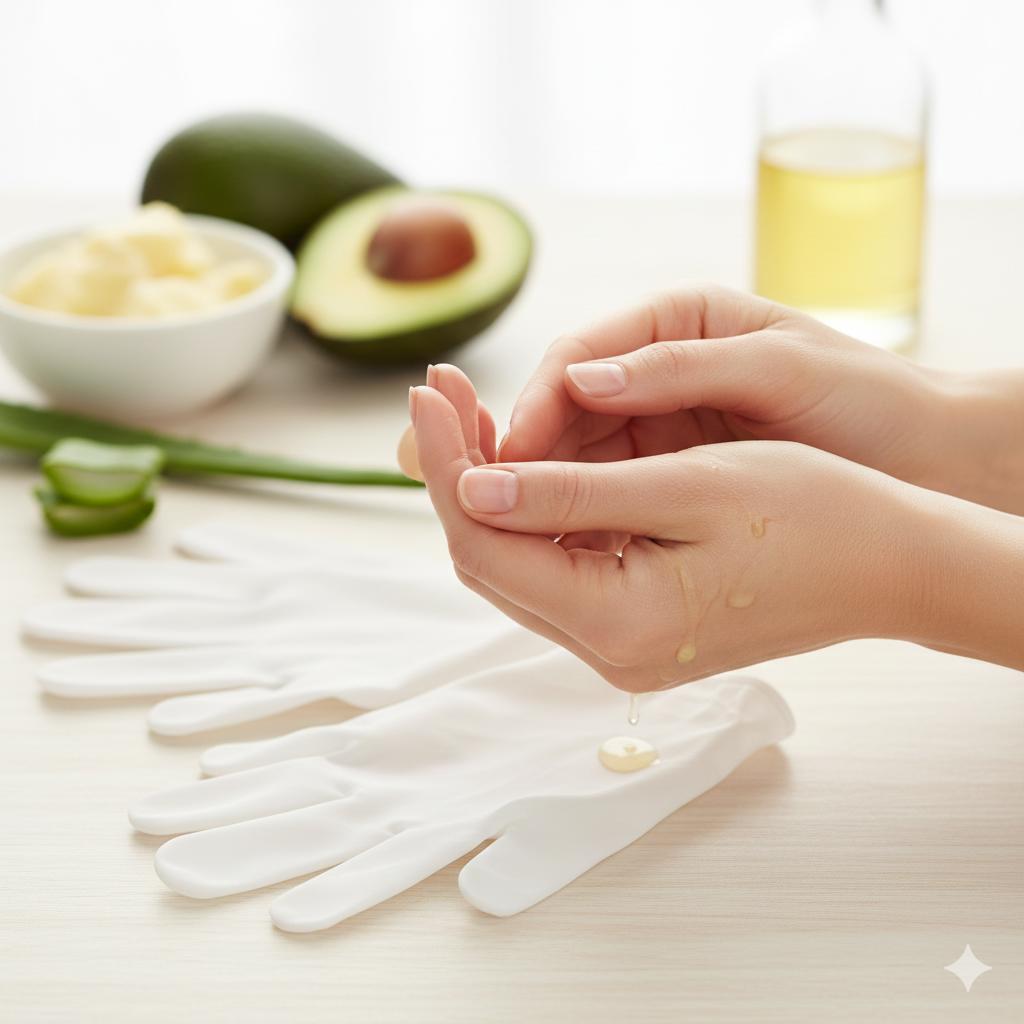 Paraffin wax treatment for hands with gloves and avocado for moisturizing manicure