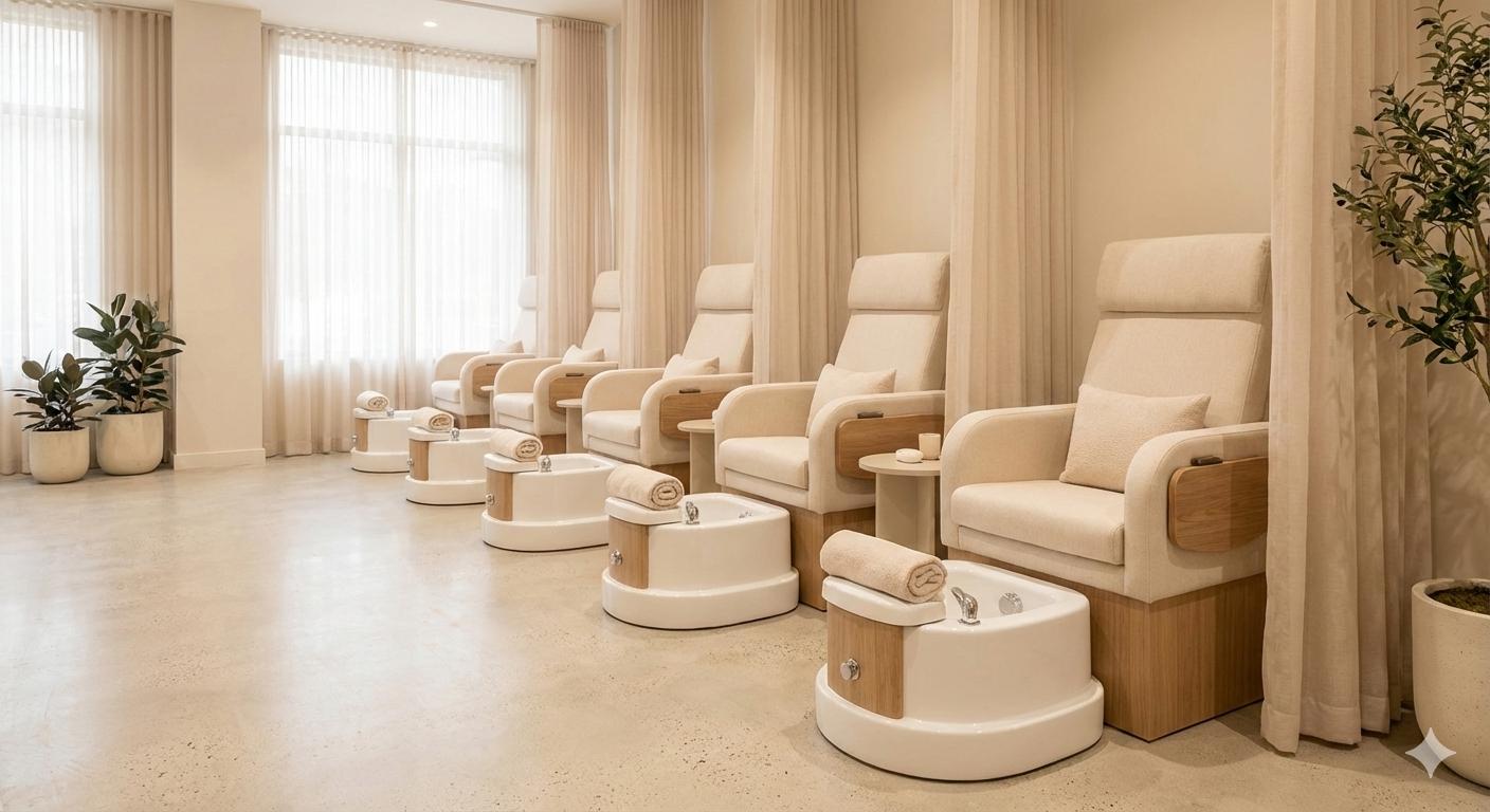 Luxury pedicure chairs set up for relaxing spa pedicure services