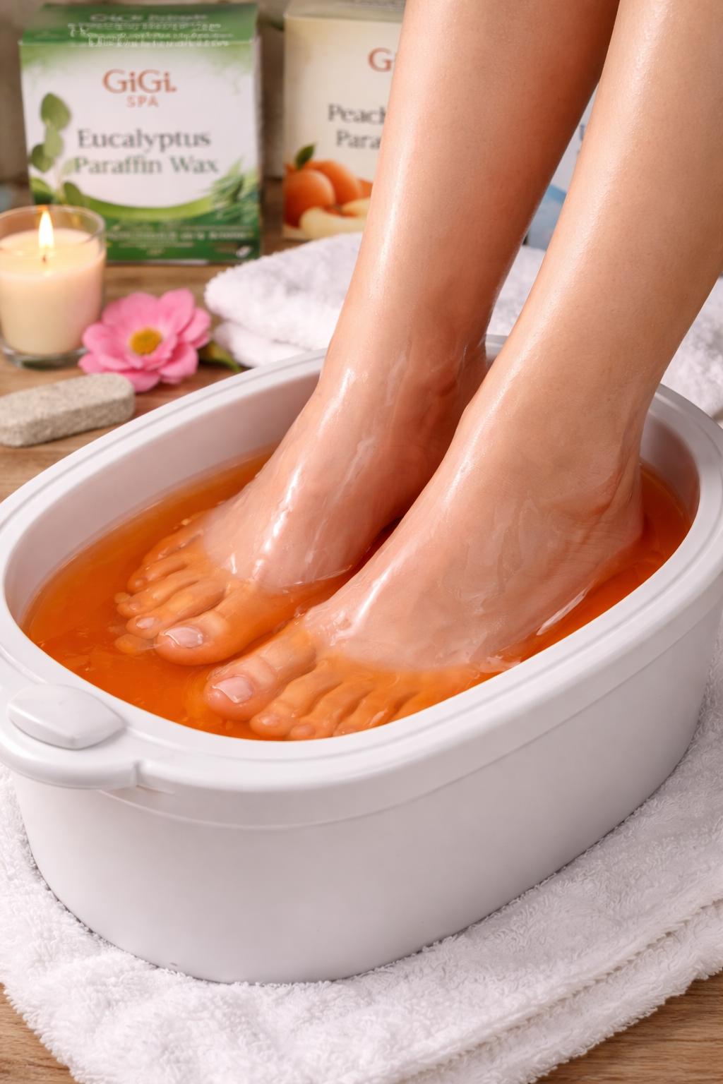 Paraffin pedicure with feet coated in warm orange wax for deep hydration