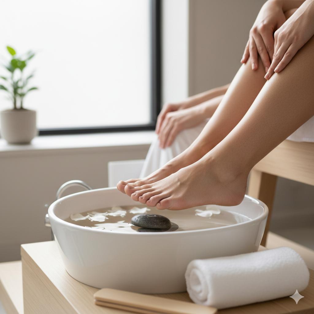 Pedicured feet resting over a bowl with a plant in the background in a spa setting