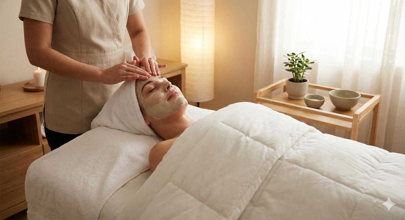 Woman receiving a luxury facial treatment in a serene spa setting