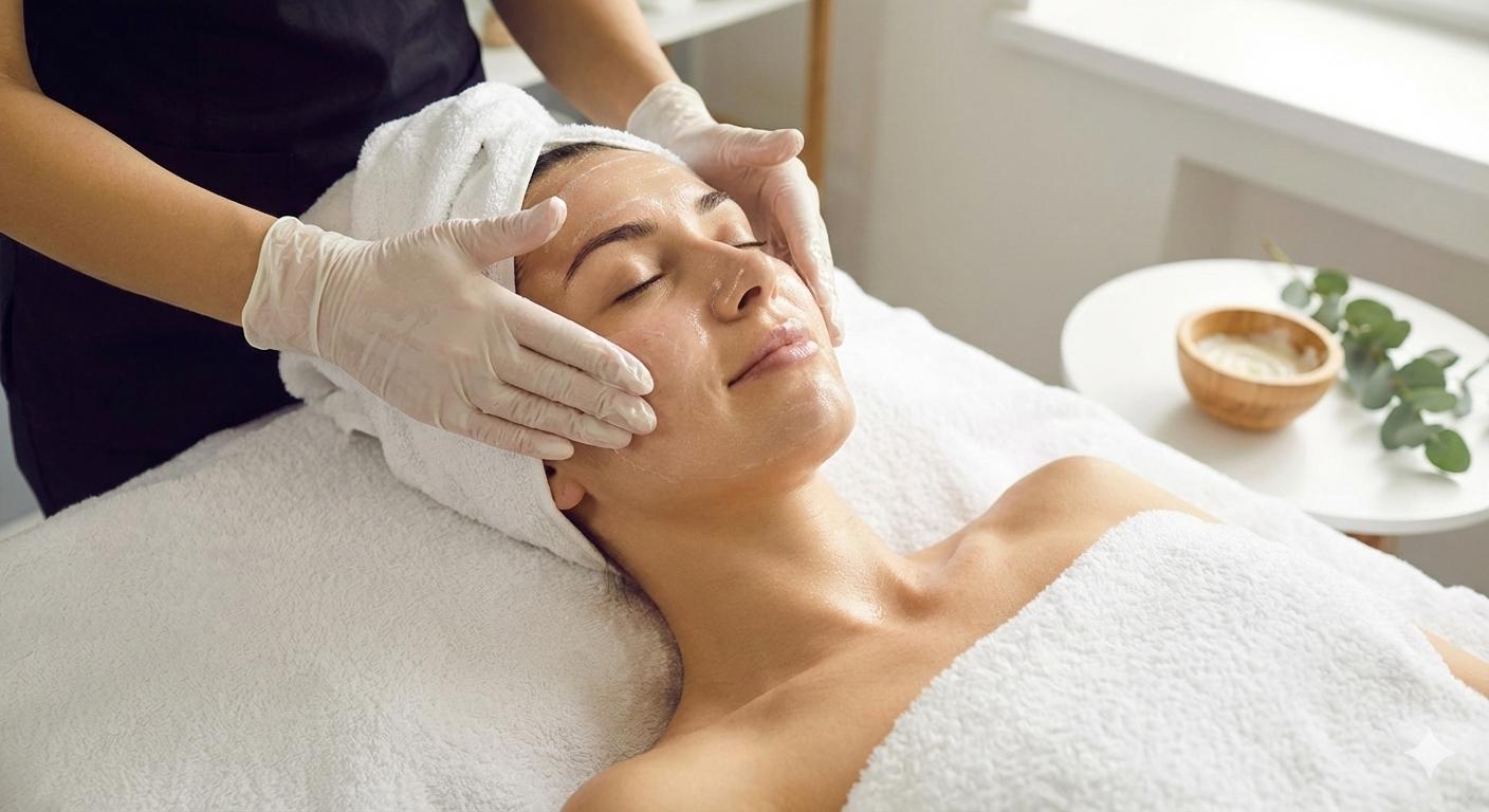 Close-up of a woman receiving a luxury facial treatment in a calm spa setting