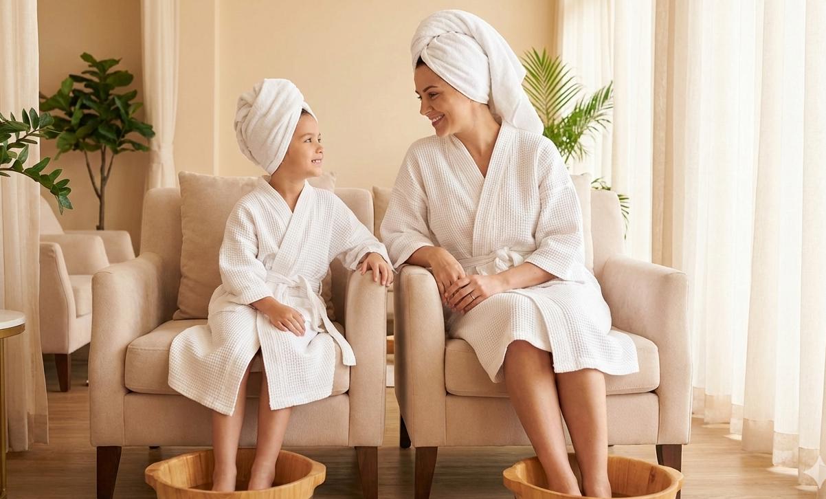 Mother and daughter wrapped in soft white towels enjoying a spa day together