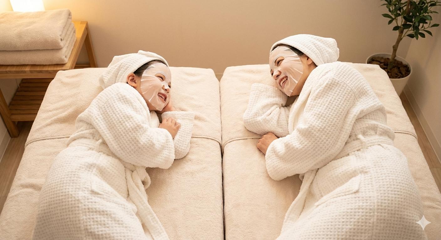 Mother and daughter in soft white towels wearing face masks during a spa day together