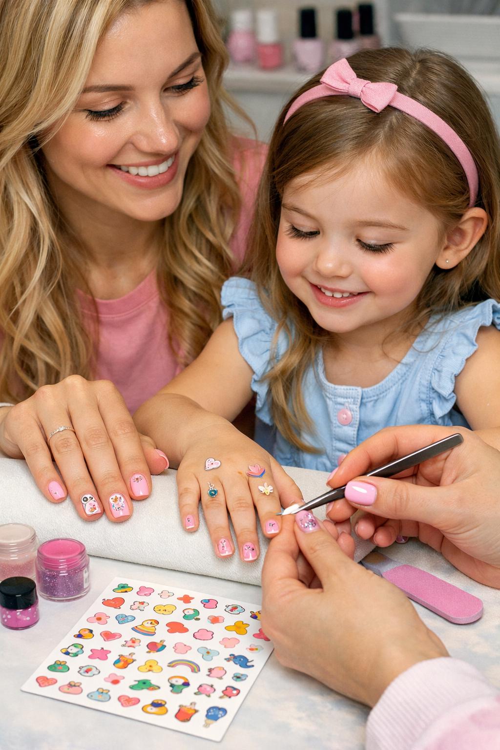 Mother and daughter getting a manicure together with fun nail stickers