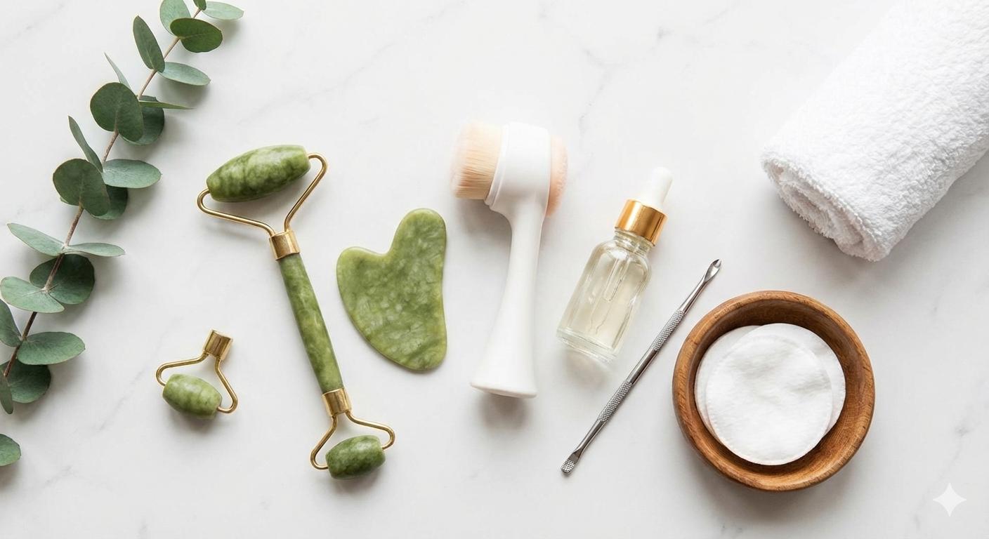 Facial massage tools, including gua sha, arranged for a professional spa facial treatment